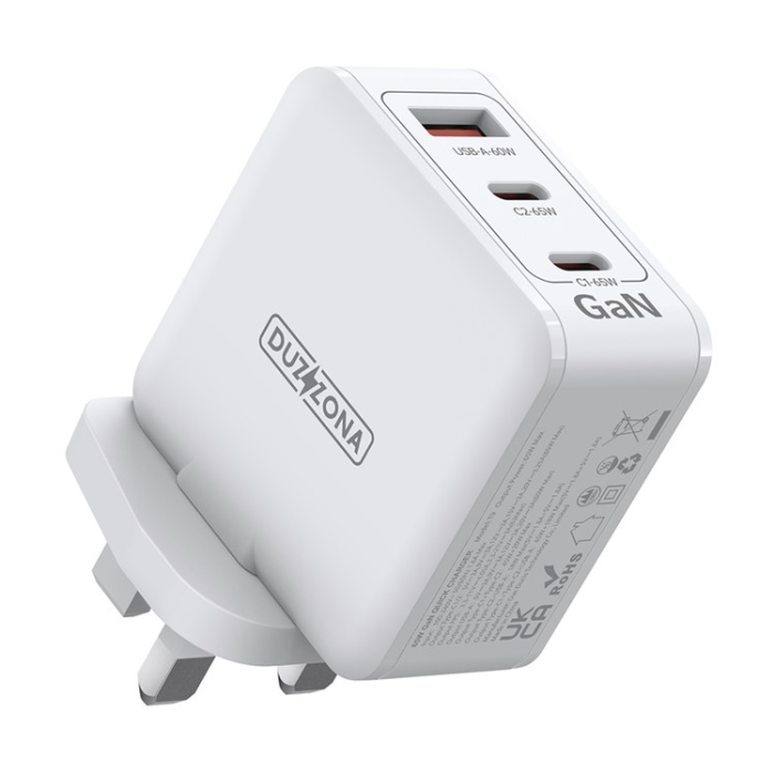 DUZZONA - DUZZONA GaN Snabbladdare 65W 2x USB-C/USB-A UK T9 PD - Vit