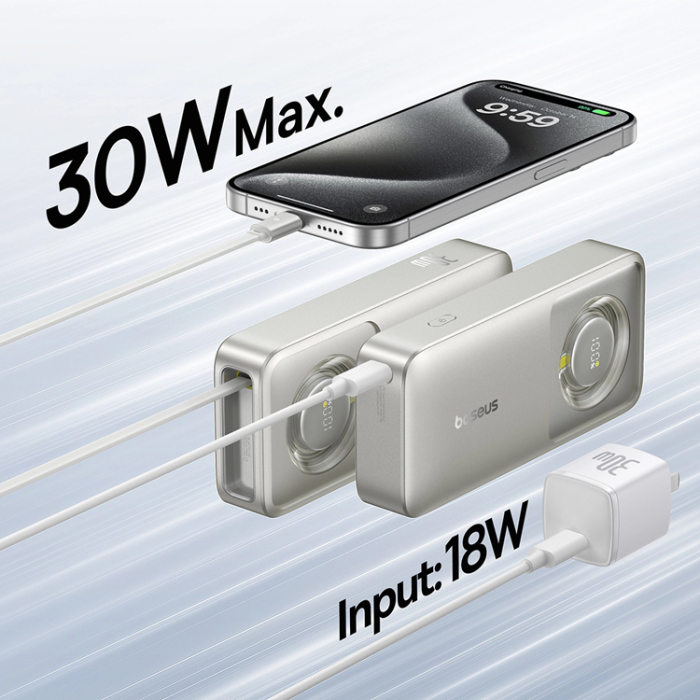 BASEUS - Baseus Powerbank 10000mAh 30W USB-C Kabel Free2Pull - Grå