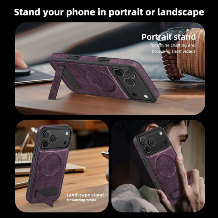 A-One Brand - iPhone 17 Pro Max Mobilskal MagSafe Kickstand Läder - Mörklila