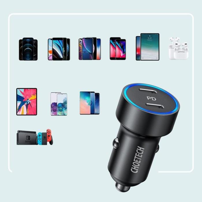 Choetech - Choetech billaddare 2x USB-C Strömförsörjning 3.0 Quick Charge - Svart