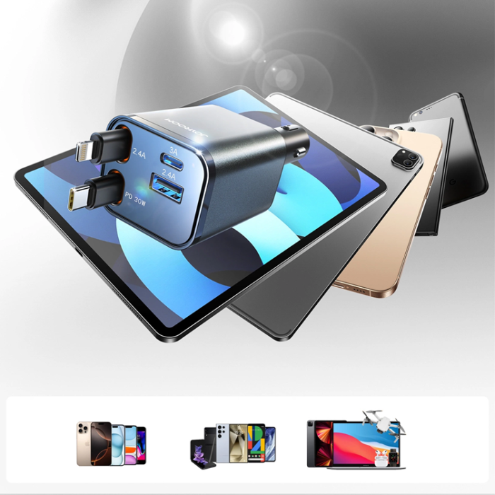 Joyroom - Joyroom 4in1 Billaddare 30W USB-A/USB-C Infällbar Kabel Mörkgrå
