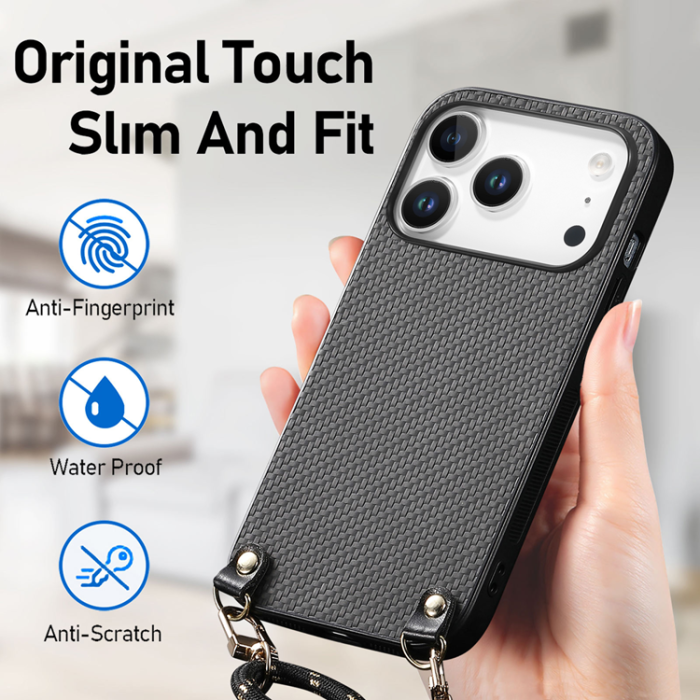 A-One Brand - iPhone 17 Pro Mobilskal Med Axelrem Snodd Carbon Fiber - Svart