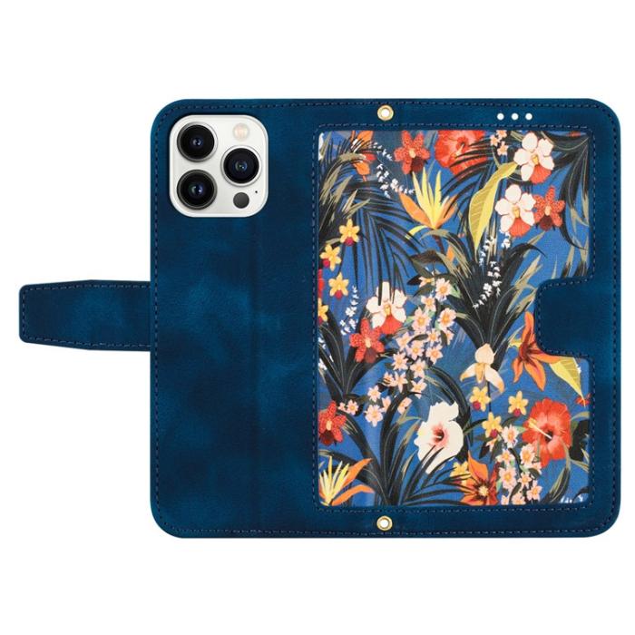 OEM - iPhone 15 Pro Plånboksfodral Flower Pattern - Mörkblå