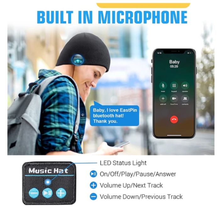 A-One Brand - Beanie Mössa med inbyggt bluetooth-headset - Svart