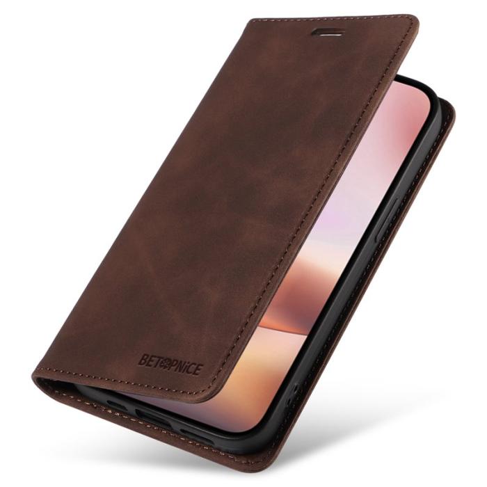 BETOPNICE - BETOPNICE 003 iPhone 16 Plus Plånboksfodral RFID Blocking Konstläder - Brun