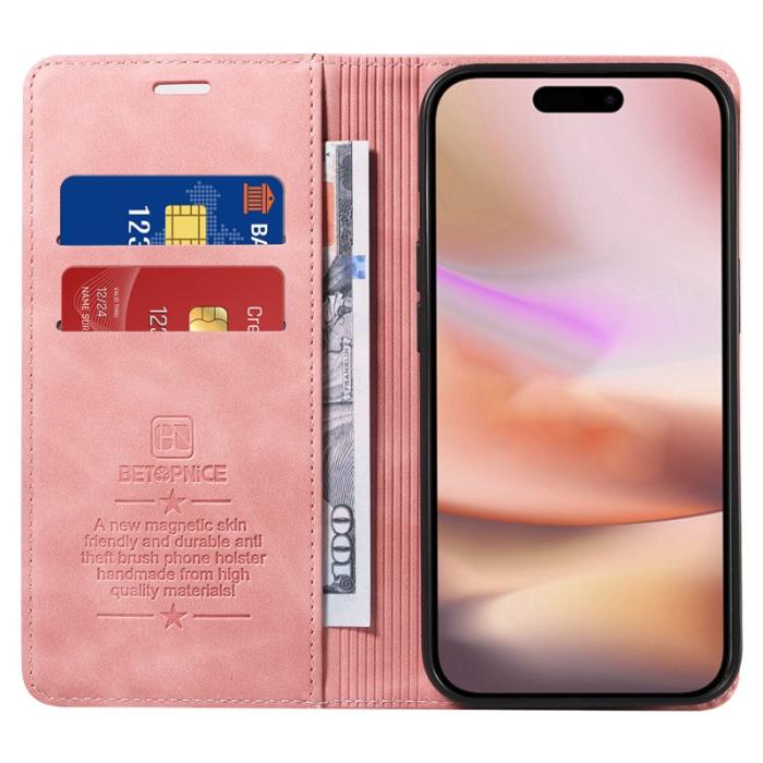 BETOPNICE - BETOPNICE 003 iPhone 16 Plus Plånboksfodral RFID Blocking Konstläder - Rosa