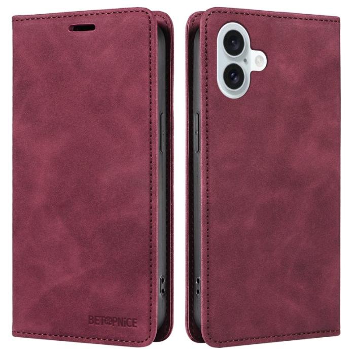 BETOPNICE - BETOPNICE 003 iPhone 16 Plus Plånboksfodral RFID Blocking Konstläder - Röd