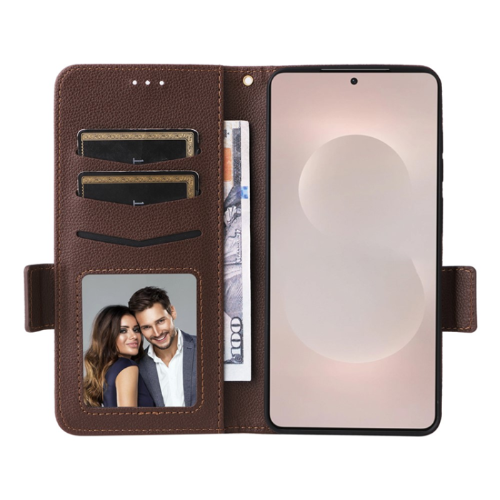 A-One Brand - Galaxy S26 Edge Plånboksfodral Litchi Läder med Rem - Brun