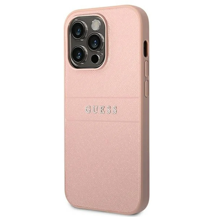 Guess - GUESS iPhone 14 Pro Max Skal Glitter Flakes Script Metal Logo - Rosa