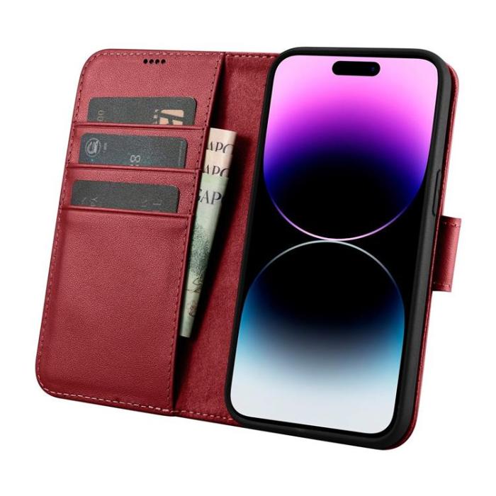 ICARER - iCarer iPhone 14 Pro Plånboksfodral 2in1 Äkta Läder - Röd