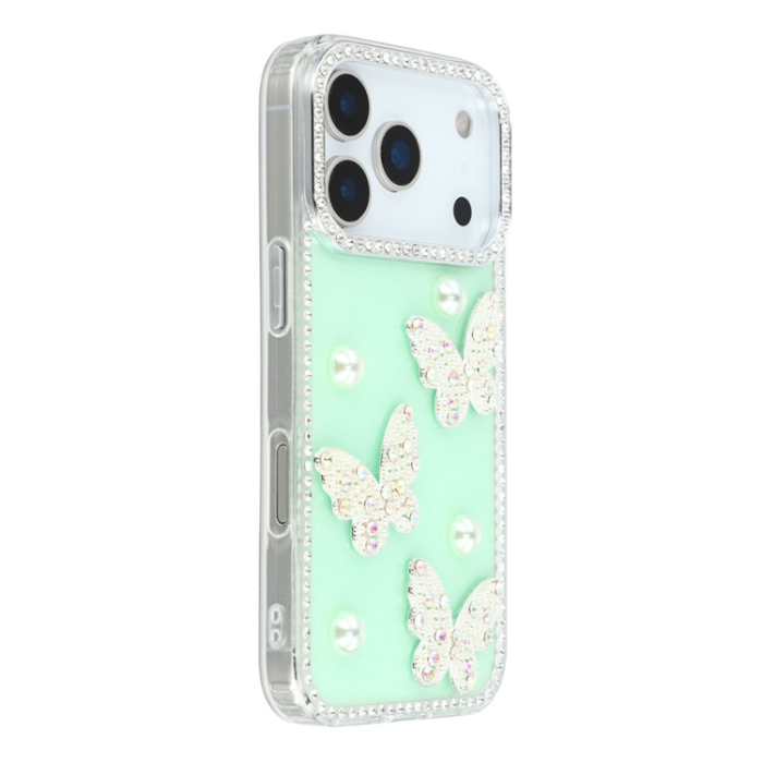 A-One Brand - iPhone 17 Pro Max Mobilskal Rhinestone Edge Pearl Butterfly