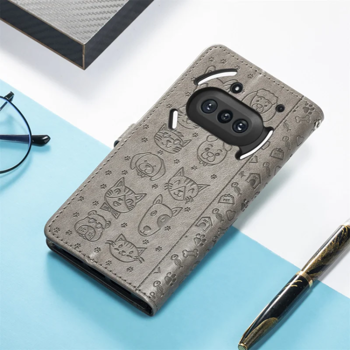 A-One Brand - Nothing Phone (3a) Plånboksfodral Cat Dog Pattern - Grå