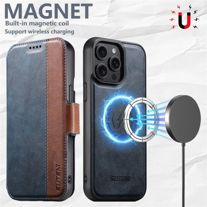 SUTENI - SUTENI iPhone 16 Pro Max Plånboksfodral Magsafe Cowhide - Blå