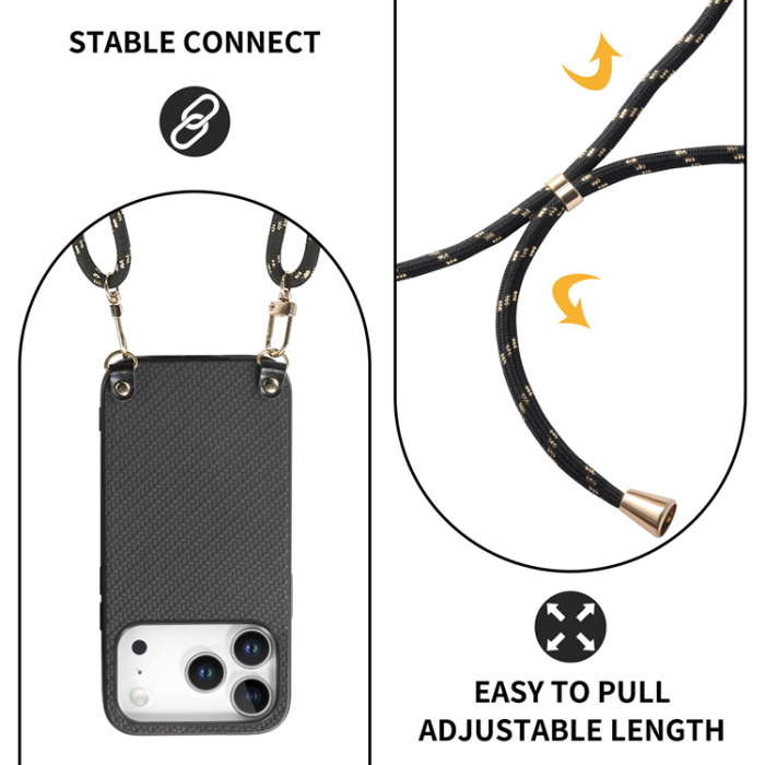 A-One Brand - iPhone 17 Pro Mobilskal Med Axelrem Snodd Carbon Fiber - Svart