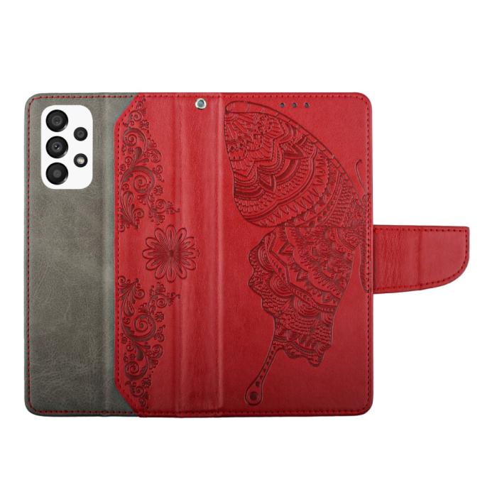 A-One Brand - Butterfly Flower Imprinted Plånboksfodral Galaxy A13 4G - Röd