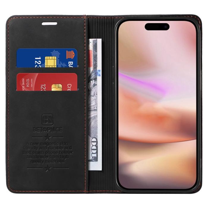 BETOPNICE - BETOPNICE 003 iPhone 16 Plus Plånboksfodral RFID Blocking Konstläder - Svart