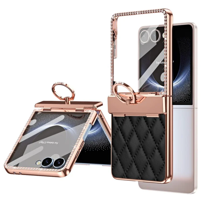 A-One Brand - Galaxy Z Flip 7 Mobilskal Ringhållare Rhinestone - Svart