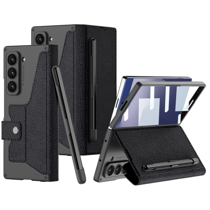GKK - GKK Galaxy Z Fold 7 Plånboksfodral Pennhållare Med Härdat Glas Litchi