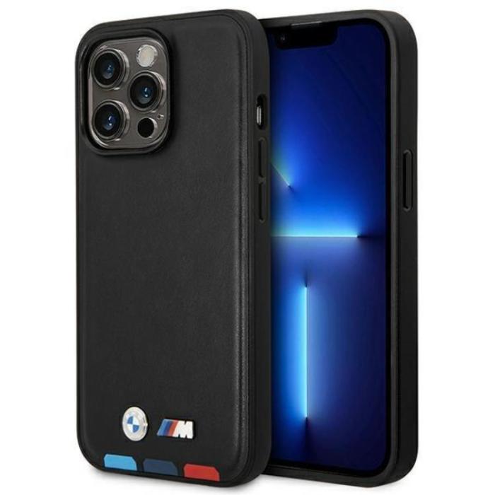 BMW - BMW iPhone 14 Pro Max Skal Läder Stamp Tricolor - Svart