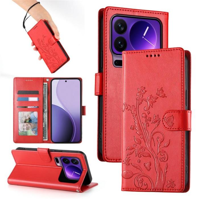 A-One Brand - Xiaomi 17 Pro Plånboksfodral Floral Imprint Med Handledsrem - Röd