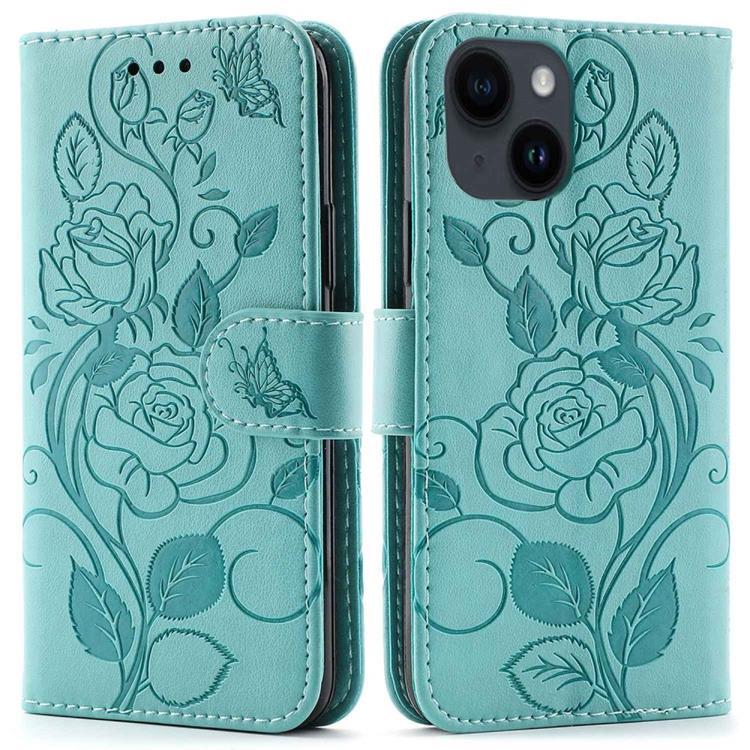 iPhone 14 Plus Plånboksfodral Imprinted Roses - Turkos | 2353 | AlltMobil