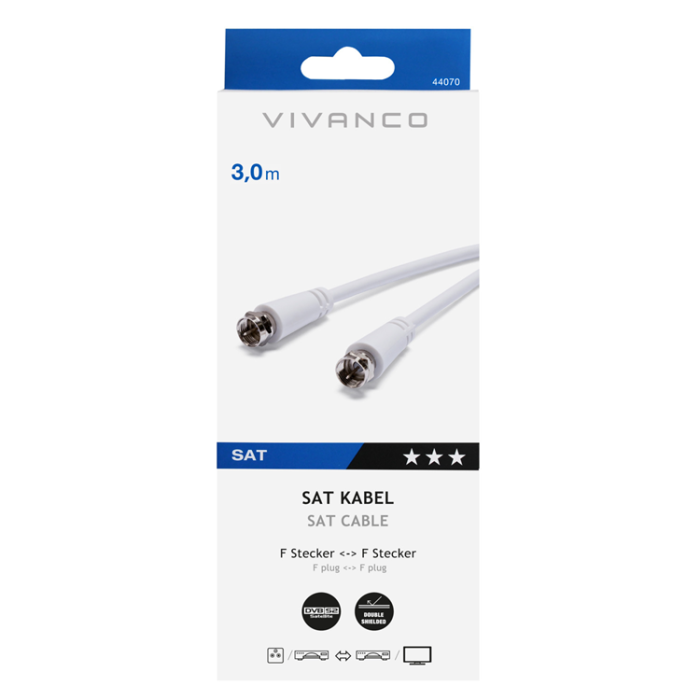 UTGATT1 - Vivanco Antenn kabel 2x Skärmad F kontakt 3m - Vit