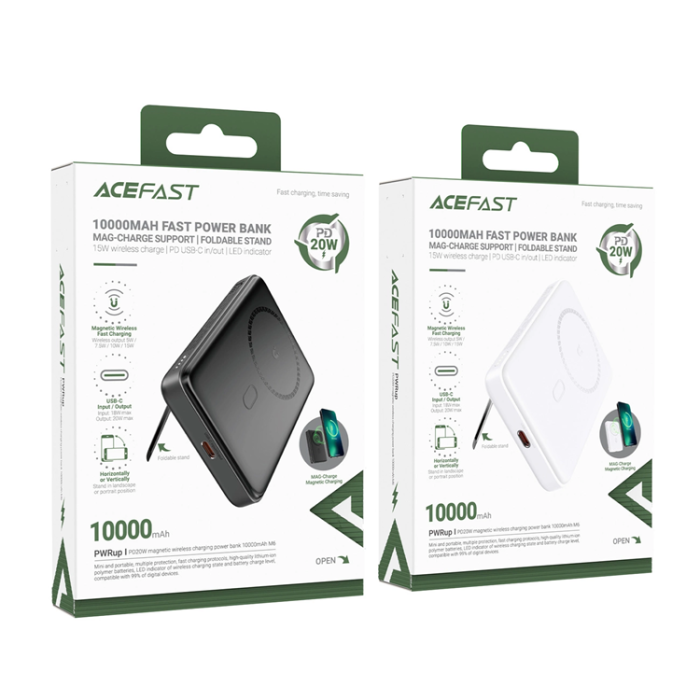 Acefast - Acefast Trådlös Powerbank 10000mAh 20W med Kabel - Vit