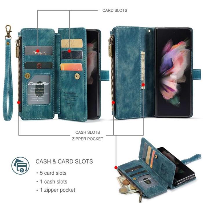 Caseme - CASEME Galaxy Z Fold 4 Plånboksfodral Zipper PU-Läder Stativ - Blå