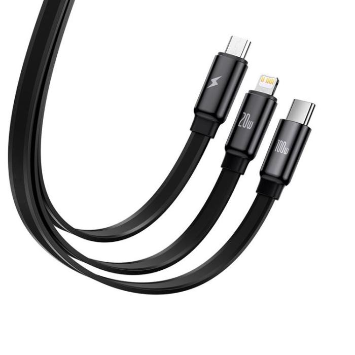 UTGATT1 - Baseus Retractable 3in1 microUSB Typ-C Lightning 100W Kabel 1.7m - Svart