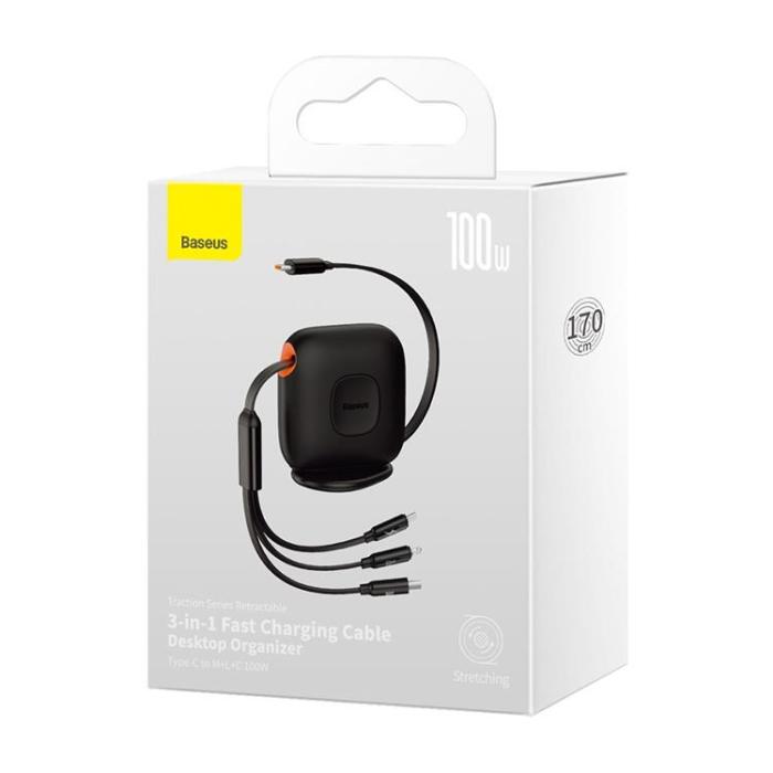 UTGATT1 - Baseus Retractable 3in1 microUSB Typ-C Lightning 100W Kabel 1.7m - Svart