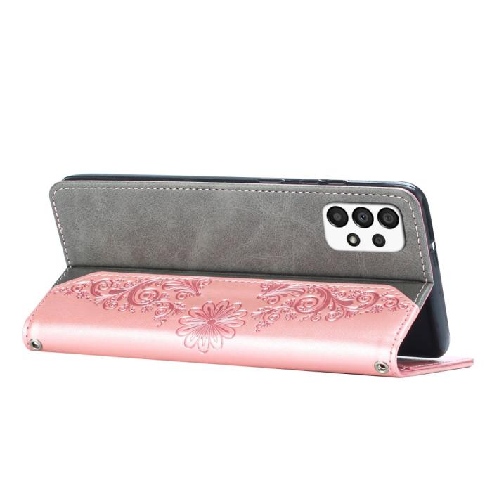 A-One Brand - Butterfly Flower Imprinted Plånboksfodral Galaxy A13 4G - Rose Gold