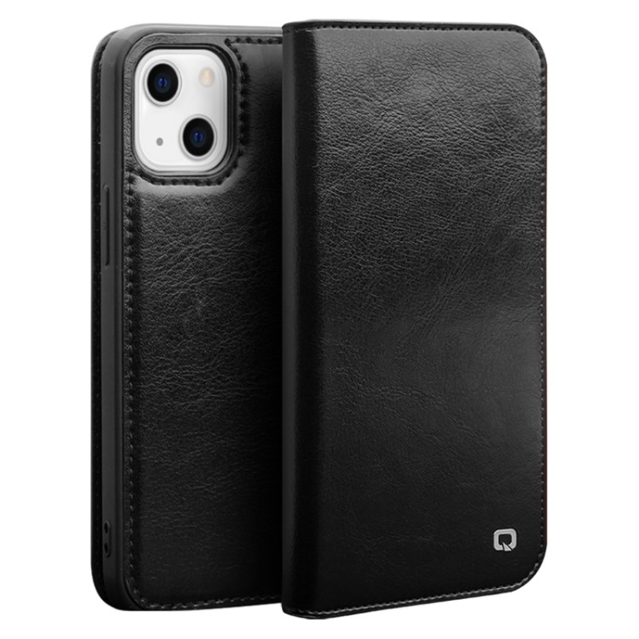 QIALINO - QIALINO iPhone 13 Plånboksfodral Äkta Läder Cowhide - Svart