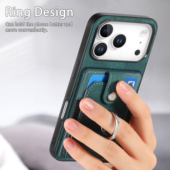 A-One Brand - iPhone 17 Pro Mobilskal med Korthållare Läder Kickstand - Grön