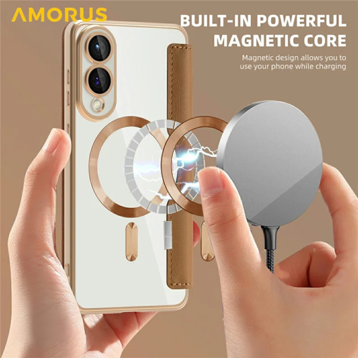 Amorus - Amorus Galaxy S25 Edge Plånboksfodral Magsafe RFID - Brun