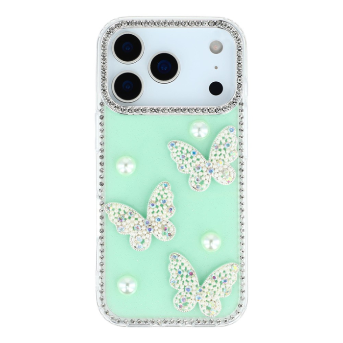 A-One Brand - iPhone 17 Pro Max Mobilskal Rhinestone Edge Pearl Butterfly