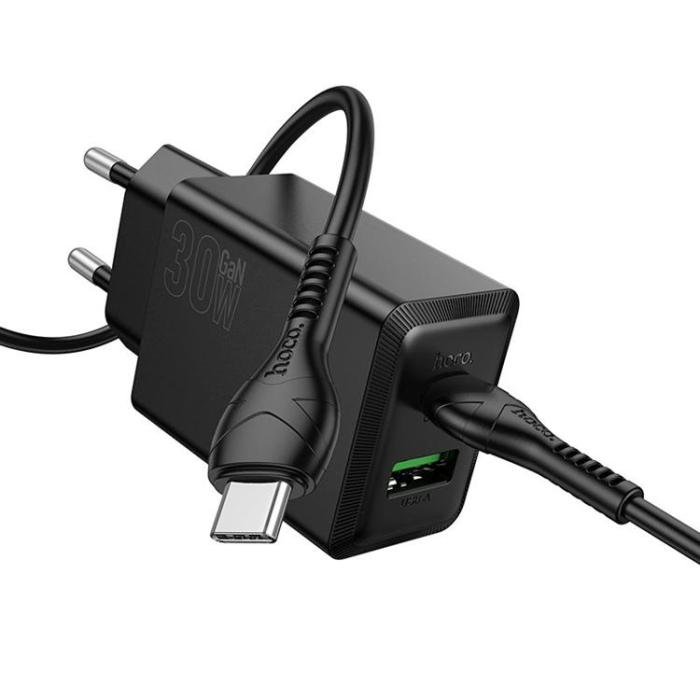 Hoco - Hoco Snabbladdare PD 30W USB-A USB-C QC3.0 AFC 3A med USB-C Kabel N71 - Svart