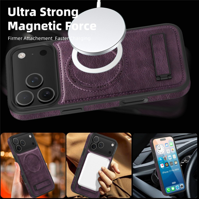 A-One Brand - iPhone 17 Pro Max Mobilskal MagSafe Kickstand Läder - Mörklila