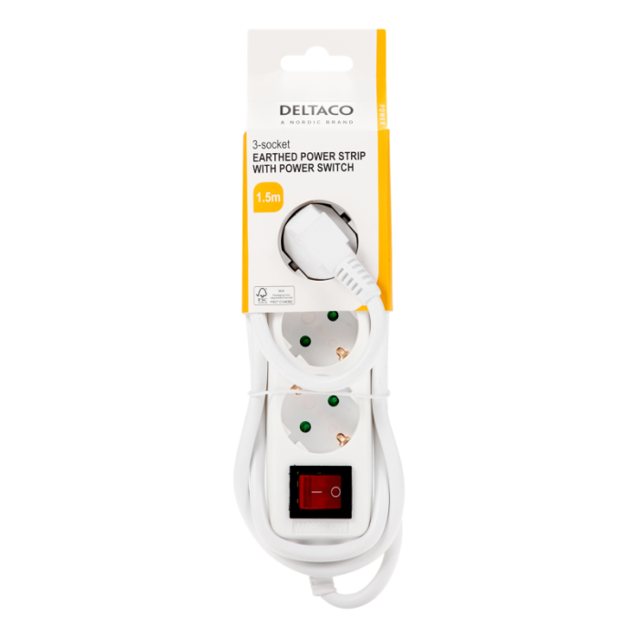 UTGATT1 - Deltaco Grenuttag Outlet 3xCEE 7/3 1xCEE 7/7 Switch 1.5m - Vit