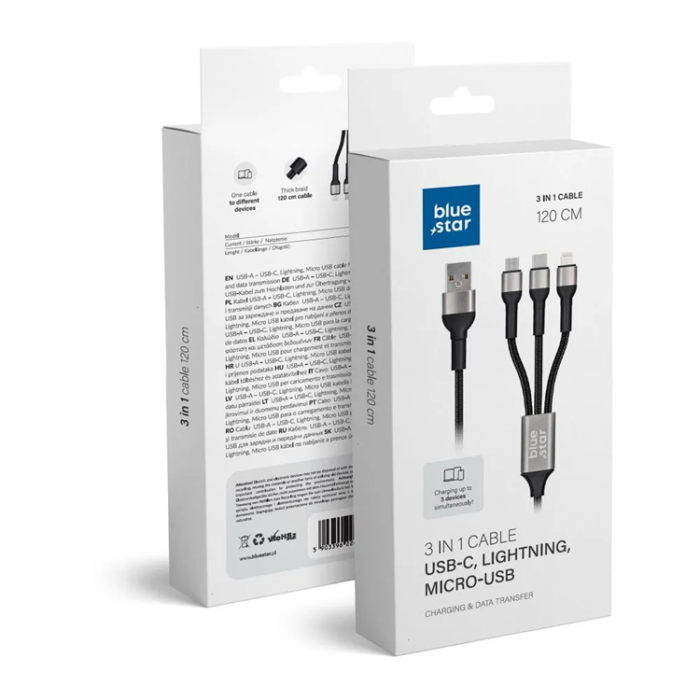 Blue Star - Blue Star USB-A Till Micro-USB/USB-C/Lightning Kabel 1.2m