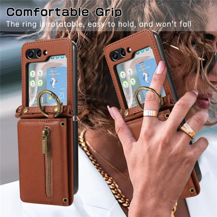 A-One Brand - Galaxy Z Flip7 Plånboksfodral Zipper Kickstand med Axelrem - Brun