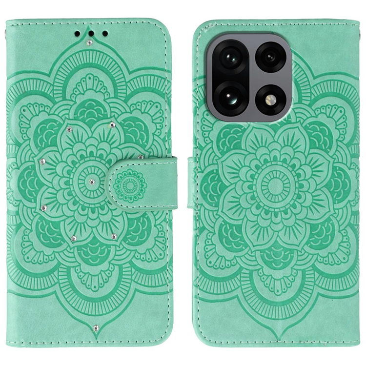 OnePlus 15 5G Konstläder Plånboksfodral Mandala Imprint Rhinestone - Grön (Grön) | 2353 | AlltMobil