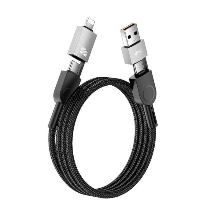WIWU - WIWU 4in1 USB-C/USB-A Till USB-C/Lightning Kabel 100W 1.2m Raptor - Svart