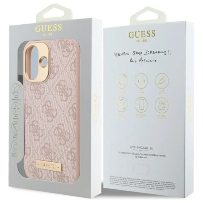 Guess - Guess iPhone 16 Mobilskal MagSafe 4G Logo Plate - Rosa