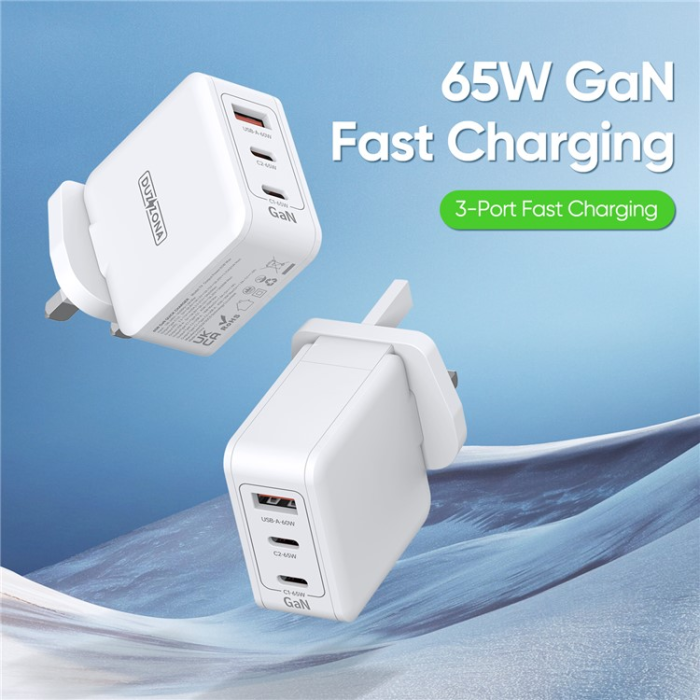 DUZZONA - DUZZONA GaN Snabbladdare 65W 2x USB-C/USB-A UK T9 PD - Vit