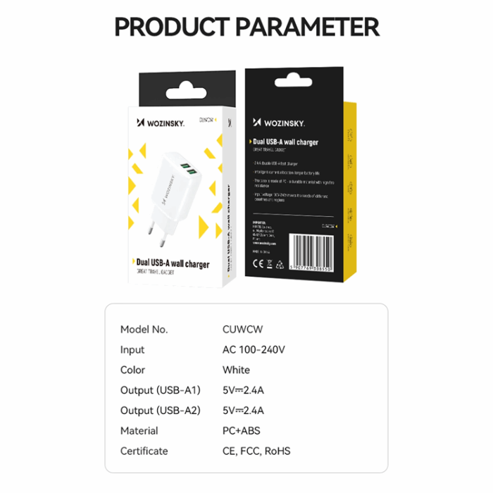 Wozinsky - Wozinsky Väggladdare CUWCW 2.4A 2 x USB-A - Vit