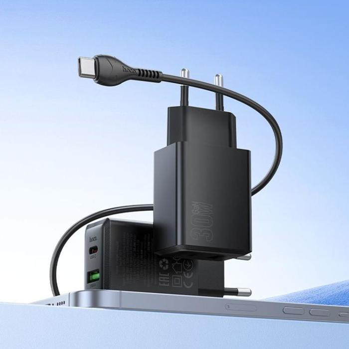 Hoco - Hoco Snabbladdare PD 30W USB-A USB-C QC3.0 AFC 3A med USB-C Kabel N71 - Svart