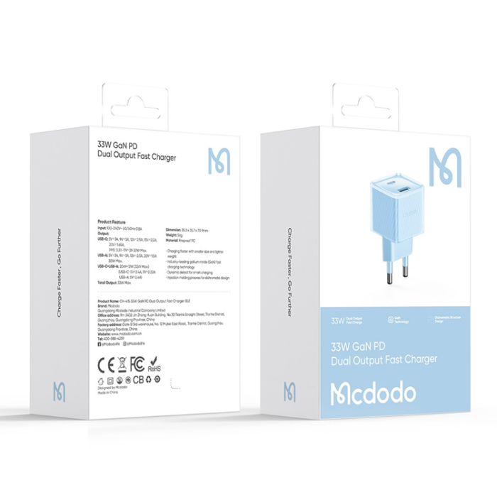 Mcdodo - MCDODO GaN Snabbladdare 33W USB-A - USB-C EU CH-415 - Blå