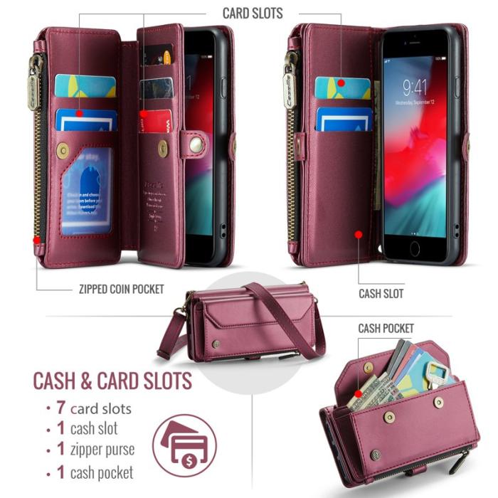 Caseme - CASEME Plånboksfodral Konstläder för iPhone 6/6s/7/8/SE 2020/2022 Vinröd