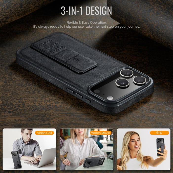 FIERRE SHANN - FIERRE SHANN för iPhone 17 Pro Fodral Kickstand KonstLäder - Svart