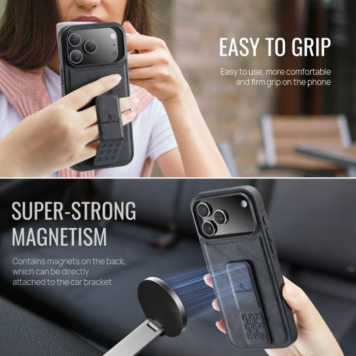 FIERRE SHANN - FIERRE SHANN för iPhone 17 Pro Fodral Kickstand KonstLäder - Svart